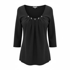 White House Black Market Black Scoop-Neck 3/4 Sleeve Top with Front Pleats S